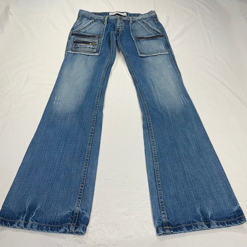 Chamca Design Women Flare Leg Multi Pocket Zipper Utility Jeans Medium Wash 28